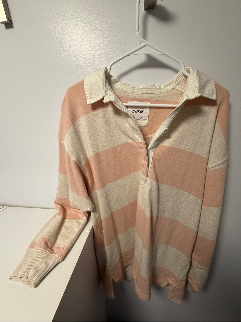 aerie Blush and Cream Striped Rugby Pullover